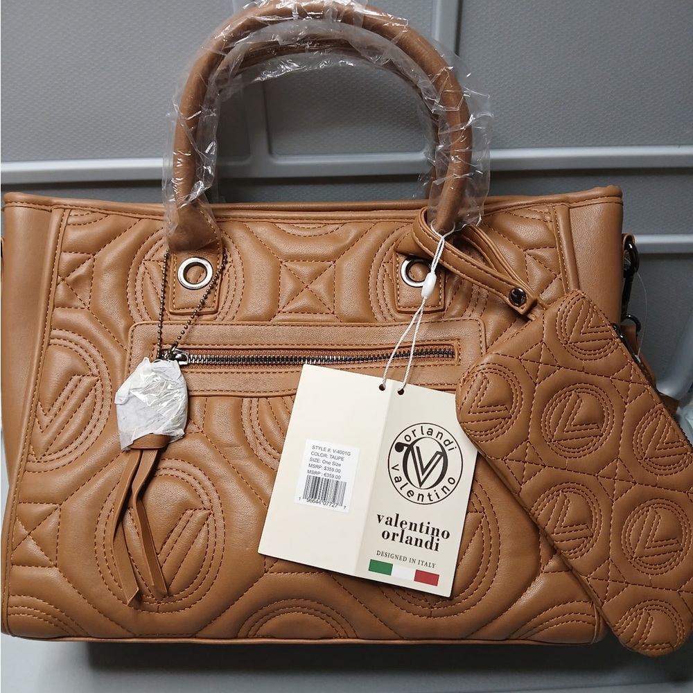 Valentino Orlandi Tan Satchel with Quilted Design and Gold Hardware